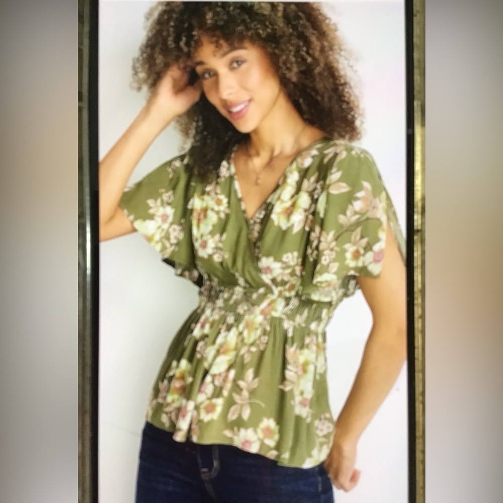 MAURICES BLOUSE TOP WOMEN GREEN FLORAL PULLOVER BOHO V-NECK BACK TIE NWT